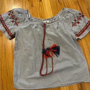 LOFT Blue and Red Embroidered Top